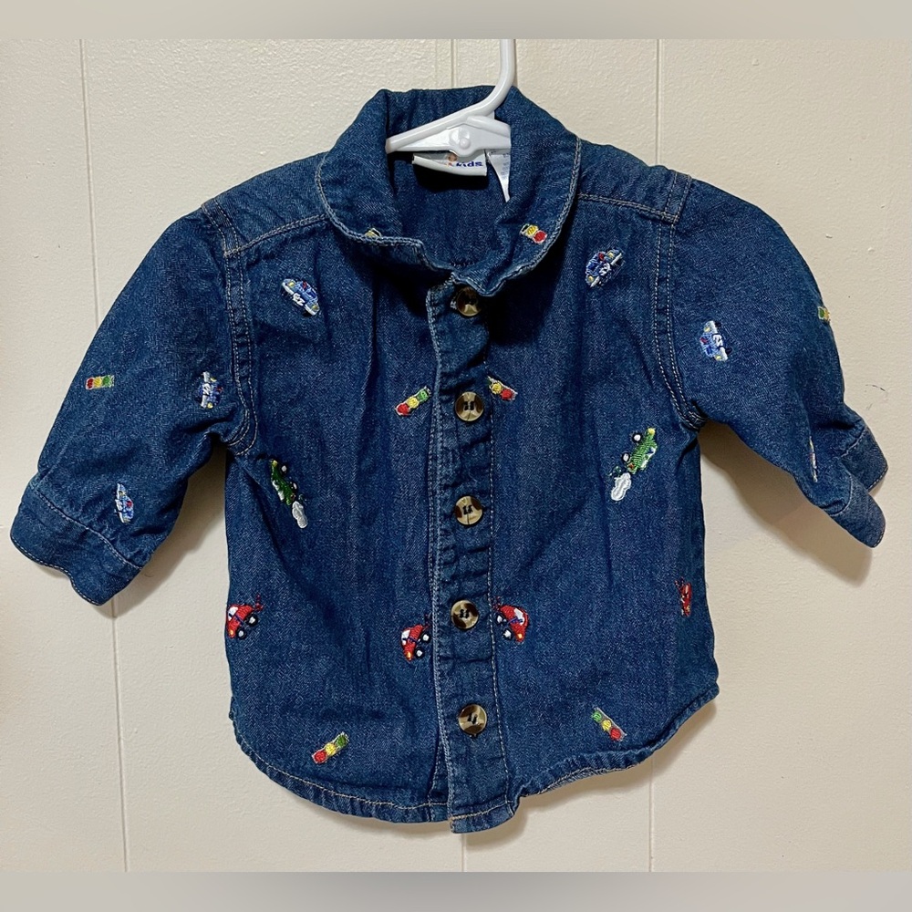 Vintage BT Kids Embroidered Cars Denim Cotton Button Down 3/6M
